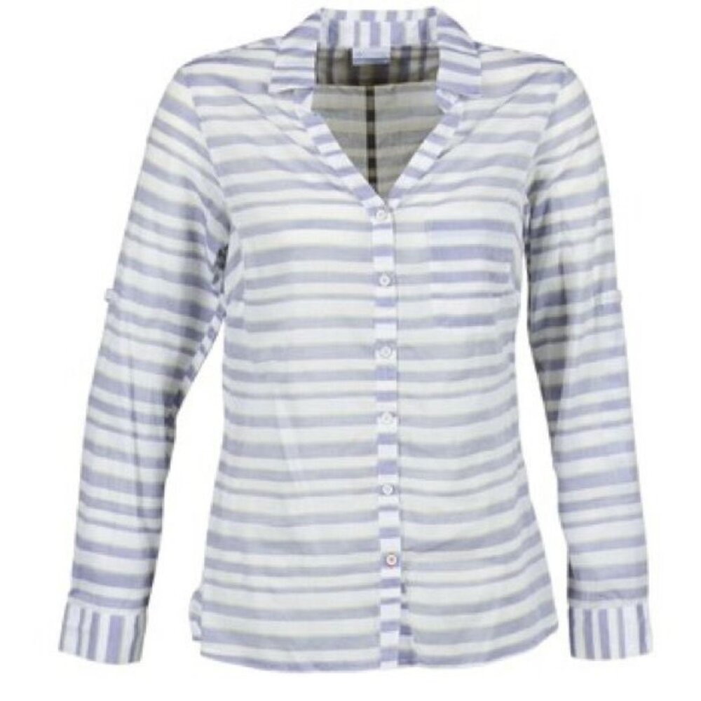Columbia Womens Early Tide Long Sleeve Button-Up Shirt Blue Striped Cotton Blend